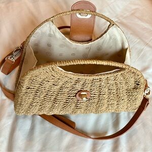 Woven Straw Crossbody Bag w/ Tan Leather Trim & Turn Lock